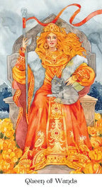 Three Slavic-inspired tarot cards showcasing intricate traditional rural costumes and vivid orange color tones.