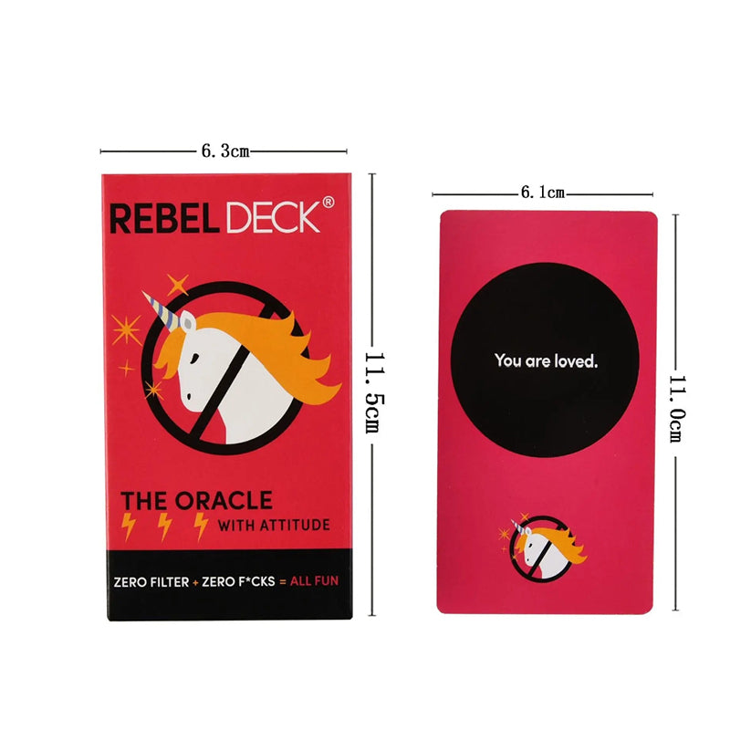 Technical dimension blueprint for Rebel Deck oracle package size scales. Diagrams list the outer red protective storage box at 6.3cm width by 11.5cm height and the compact pocket card size track at 6.1cm width by 11.0cm height with a You are loved prompt.