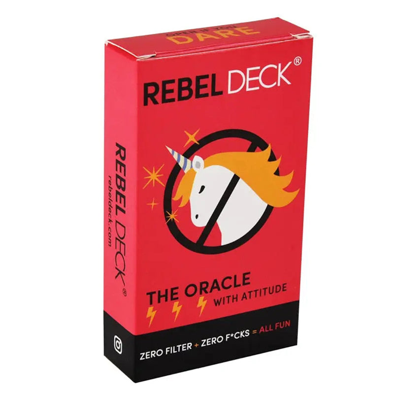 Front perspective view of the red Rebel Deck oracle box packaging featuring the white and yellow rebellious unicorn logo. Text lines emphasize Zero Filter plus Zero Fucks equals All Fun to target young adult seekers and alternative occult collectors.