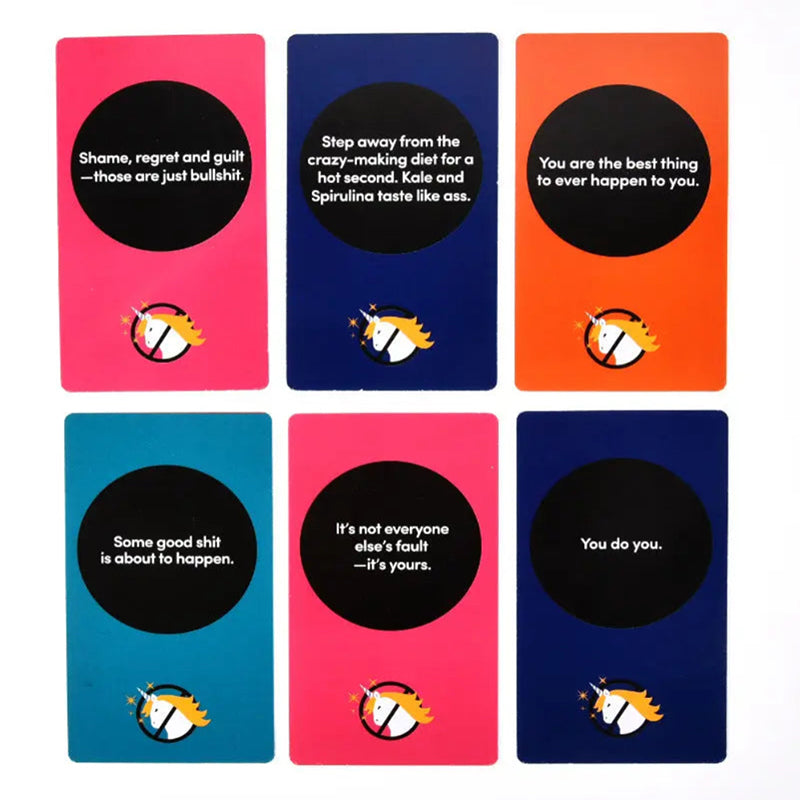 Grid display of six filter-free Rebel Deck oracle cards. Explicit shadow work prompt lines inside black circles include texts like Shame regret and guilt those are just bullshit, Step away from the crazy-making diet, and It is not everyone else's fault it is yours.