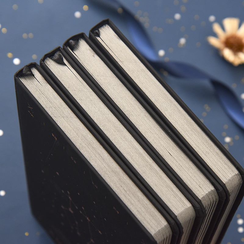 Top view close-up of three black hardcover journals stacked together, showcasing their thick cream-colored inner paper edges and sturdy sewn book spines.