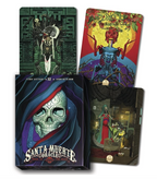 Santa Muerte Oracle box by Fabio Listrani displayed alongside three vibrant illustrated skull tarot cards.