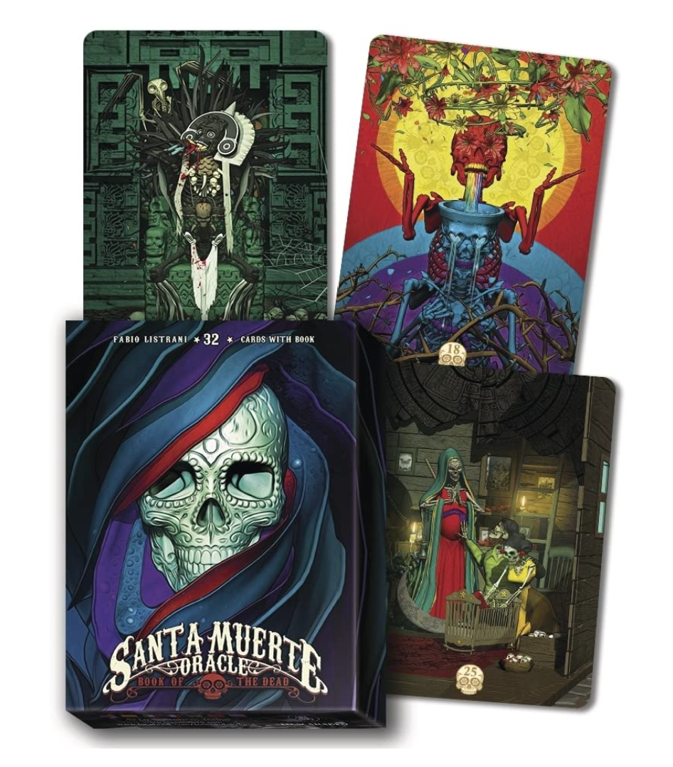 Santa Muerte Oracle box by Fabio Listrani displayed alongside three vibrant illustrated skull tarot cards.