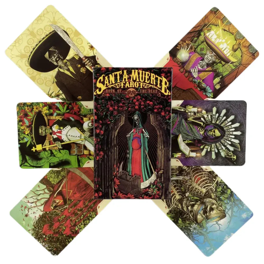 Honor the Sacred Veil: Unfolded Box Layout: Flat, cross-shaped template design showing the full outer packaging illustrations of the Santa Muerte card box.