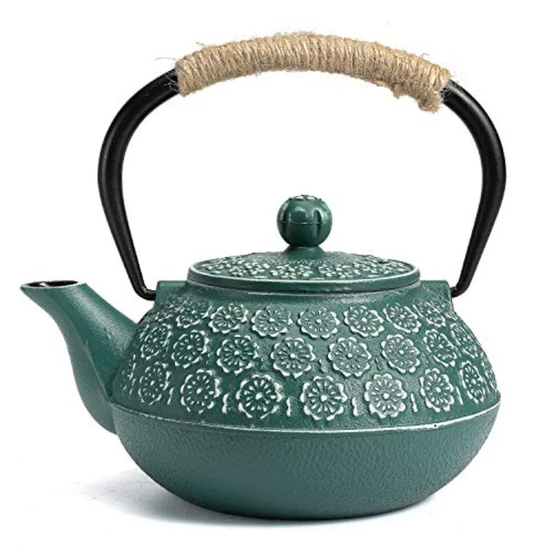 Dark Green Cast Iron Japanese Teapot with Cherry Blossom Design - 30oz