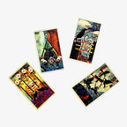 Five borderless Crow Tarot cards scattered loosely to showcase the multi-layered digital collage art style.