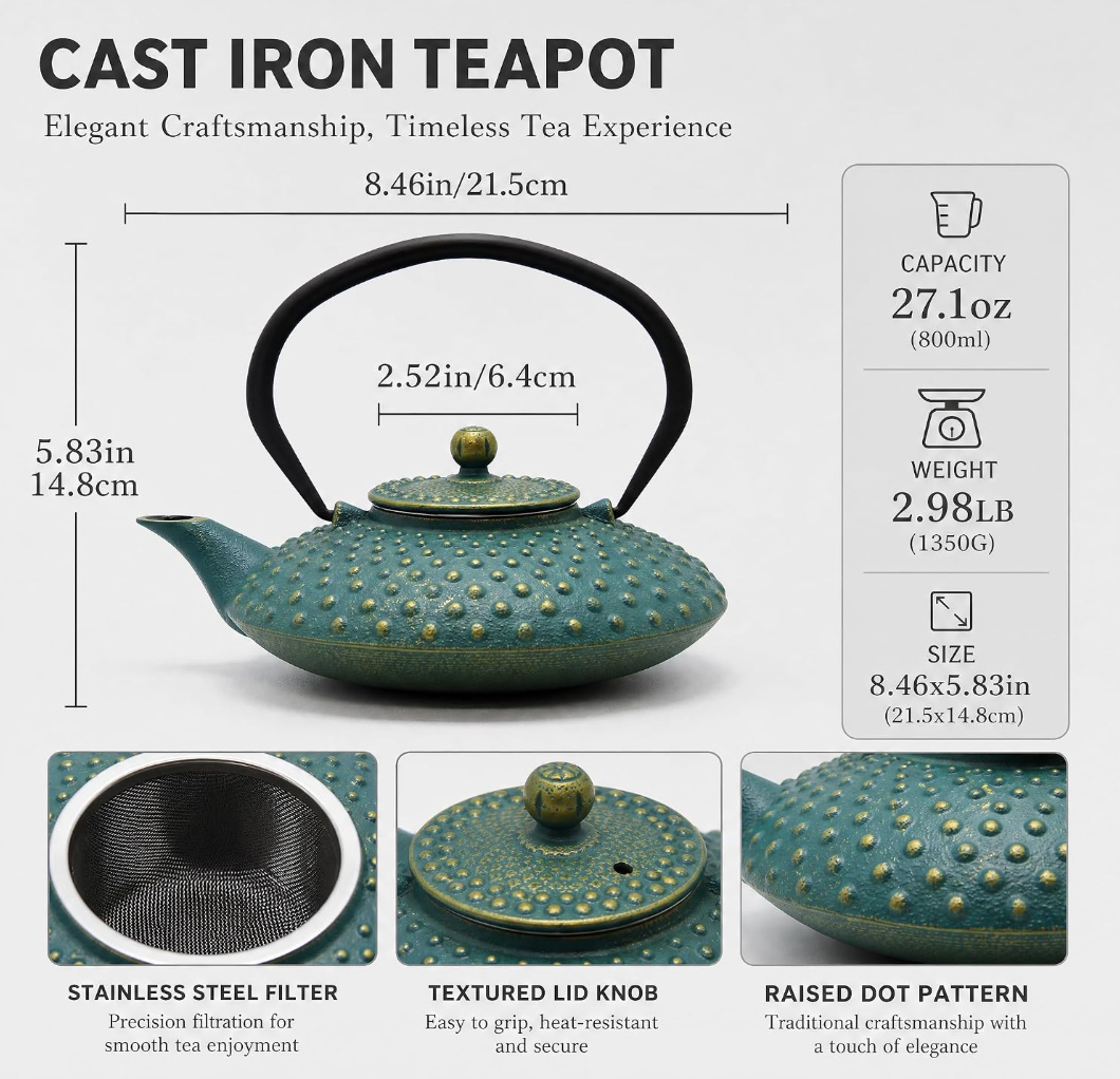 SECHUDO Cast Iron Teapot - Dragonfly or Polka Dot Pattern