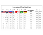 An international ring size chart comparing sizing codes across the USA, UK, Russia, France, Canada, Brazil, and Germany.