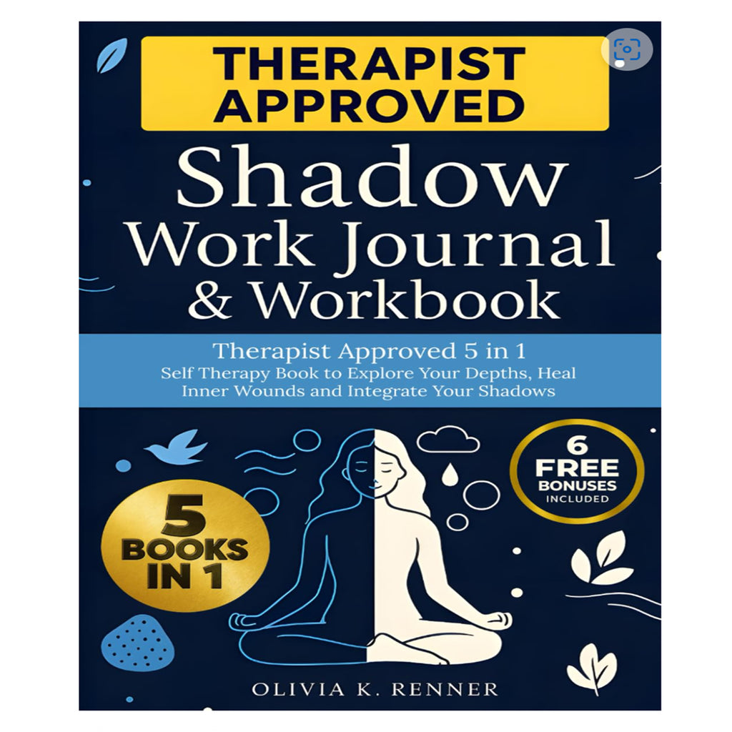 This Shadow Work Journal & Workbook front cover by author Olivia K. Renner details a therapist-approved 5-in-1 self-therapy book with 6 free bonuses included for integrating shadows and healing inner wounds. The dark blue layout features a split-tone white and black illustration of a meditating woman surrounded by stylized line art elements including a flying bird, rain clouds, wind currents, and organic leaves.