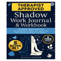 This Shadow Work Journal & Workbook front cover by author Olivia K. Renner details a therapist-approved 5-in-1 self-therapy book with 6 free bonuses included for integrating shadows and healing inner wounds. The dark blue layout features a split-tone white and black illustration of a meditating woman surrounded by stylized line art elements including a flying bird, rain clouds, wind currents, and organic leaves.