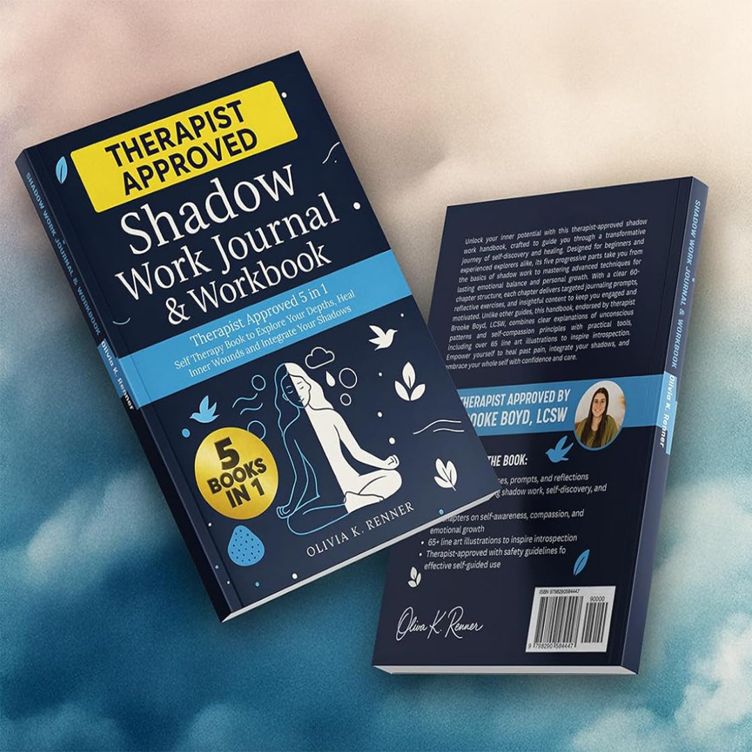 This 3D mockup display showcases the front and back covers of the Olivia K. Renner shadow work workbook, a 5-in-1 self-therapy book based on analytical psychology. The dark blue cover design exhibits modern line art illustrations of a resting woman, organic leaves, and an endorsement seal from Therapist Brooke Boyd, LCSW positioned directly above the official retail ISBN 9798290584447 barcode label.