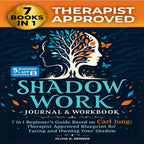 This Shadow Work Journal and Workbook by author Olivia K. Renner is a 7-in-1 beginner's guide based on the psychological teachings of Carl Jung featuring a therapist-approved blueprint for emotional healing. The front cover showcases a central surrealist tree graphic composed of mirroring human facial silhouettes filled with flying butterflies and organic leaves against a dark blue background.