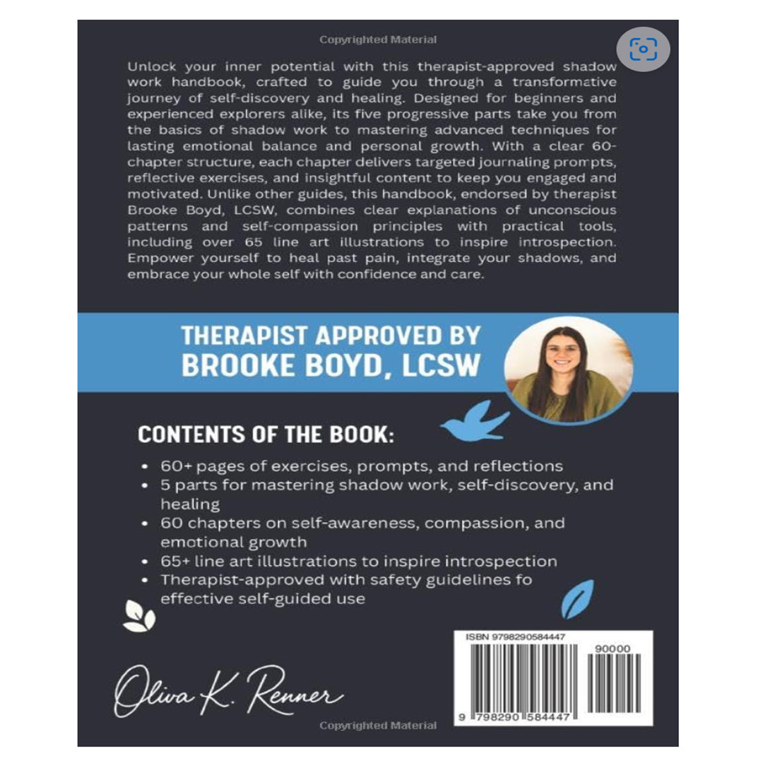 The back cover of this Olivia K. Renner shadow work workbook highlights a 60-chapter structured roadmap containing over 60 pages of therapeutic exercises, prompts, reflections, and 65+ line art illustrations. The blue and white layout features a professional endorsement from Therapist Brooke Boyd, LCSW alongside decorative leaf elements and an official retail ISBN 9798290584447 barcode label.