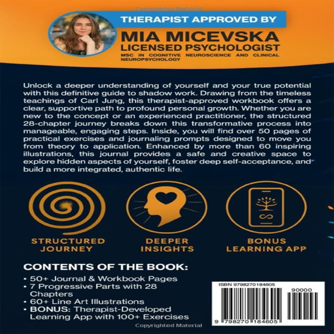 The back cover of this Olivia K. Renner shadow work workbook outlines its 28-chapter structured journey, 50+ journaling pages, 60+ line art illustrations, and a bonus therapist-developed learning app feature. The matte blue layout displays an endorsement from Licensed Psychologist Mia Micevska alongside three circular icons and an official ISBN 9798270184605 barcode label.