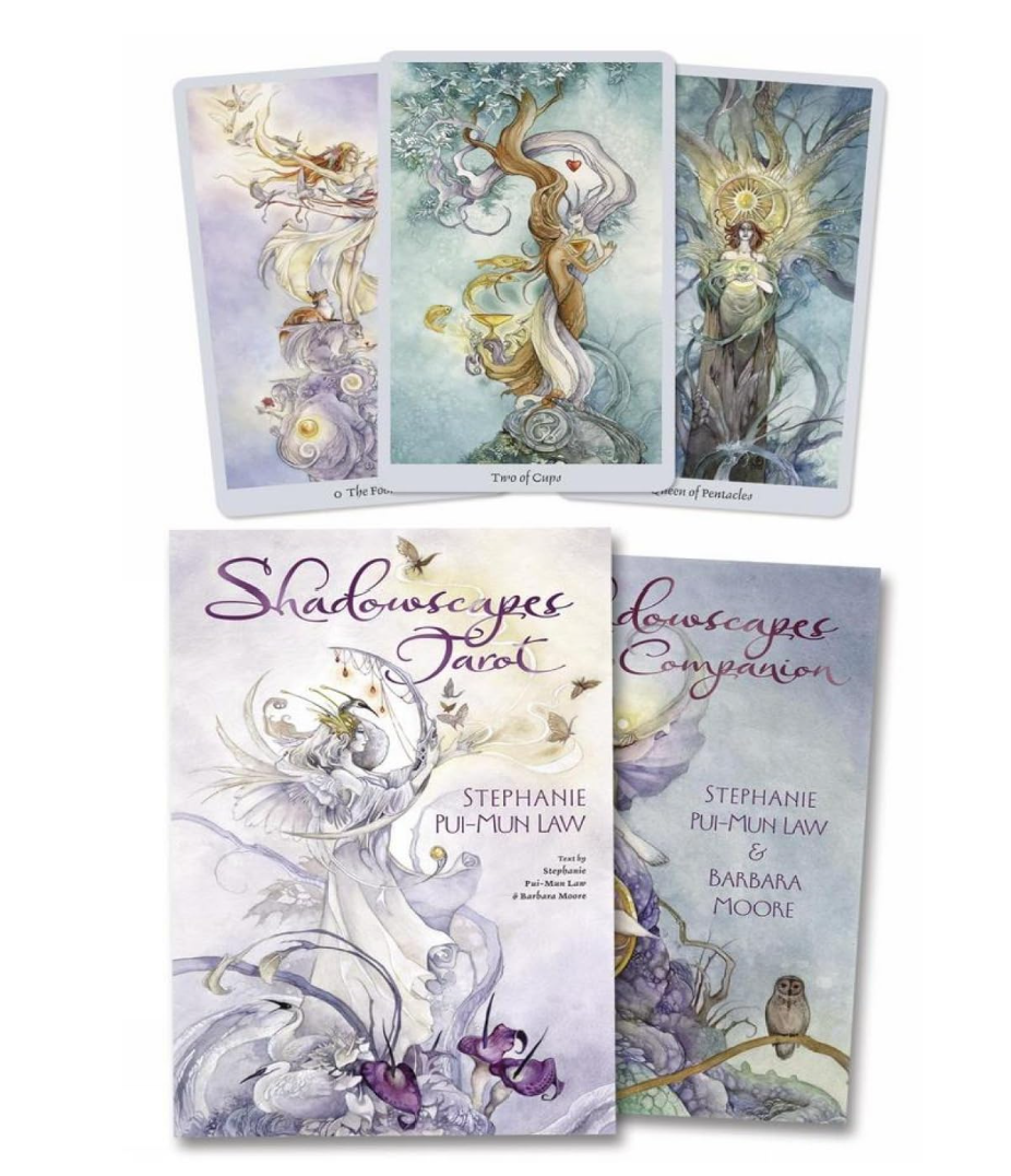Shadowscapes box and cards showing the box, guidebook and three cards including the two of cups