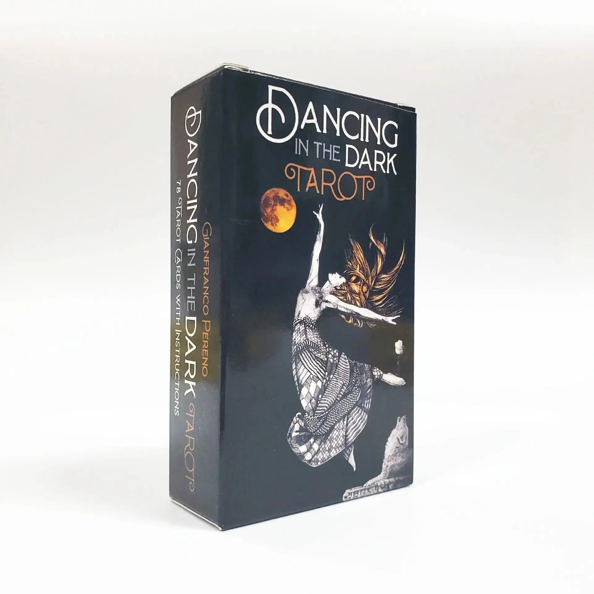Clean vertical front profile view of the Dancing in the Dark Tarot tuck box against a blank white backdrop.