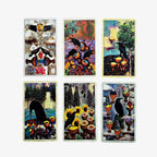 A secondary six-card grid view showcasing deep gothic themes and intricate shamanic animal patterns.