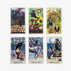 Six borderless tarot cards organized into two rows to showcase different crow and raven character archetypes.