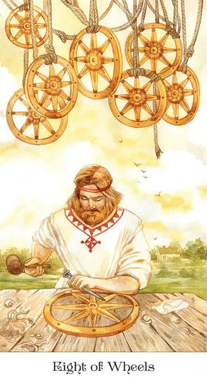 Eight of Wheels, Slavic-inspired tarot cards showcasing intricate traditional rural costumes and vivid orange color tones.