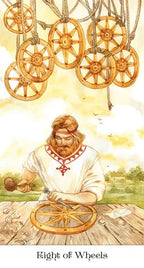 Eight of Wheels, Slavic-inspired tarot cards showcasing intricate traditional rural costumes and vivid orange color tones.