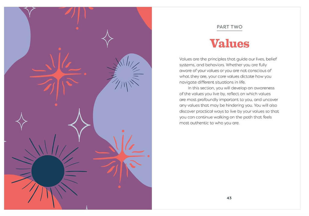 An open book page showing a purple background with orange, black, and white abstract sun and star design graphics on the left. The right side features black text under the header "PART TWO Values" outlining guided reflection exercises.
