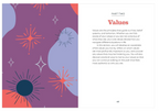 An open book page showing a purple background with orange, black, and white abstract sun and star design graphics on the left. The right side features black text under the header "PART TWO Values" outlining guided reflection exercises.