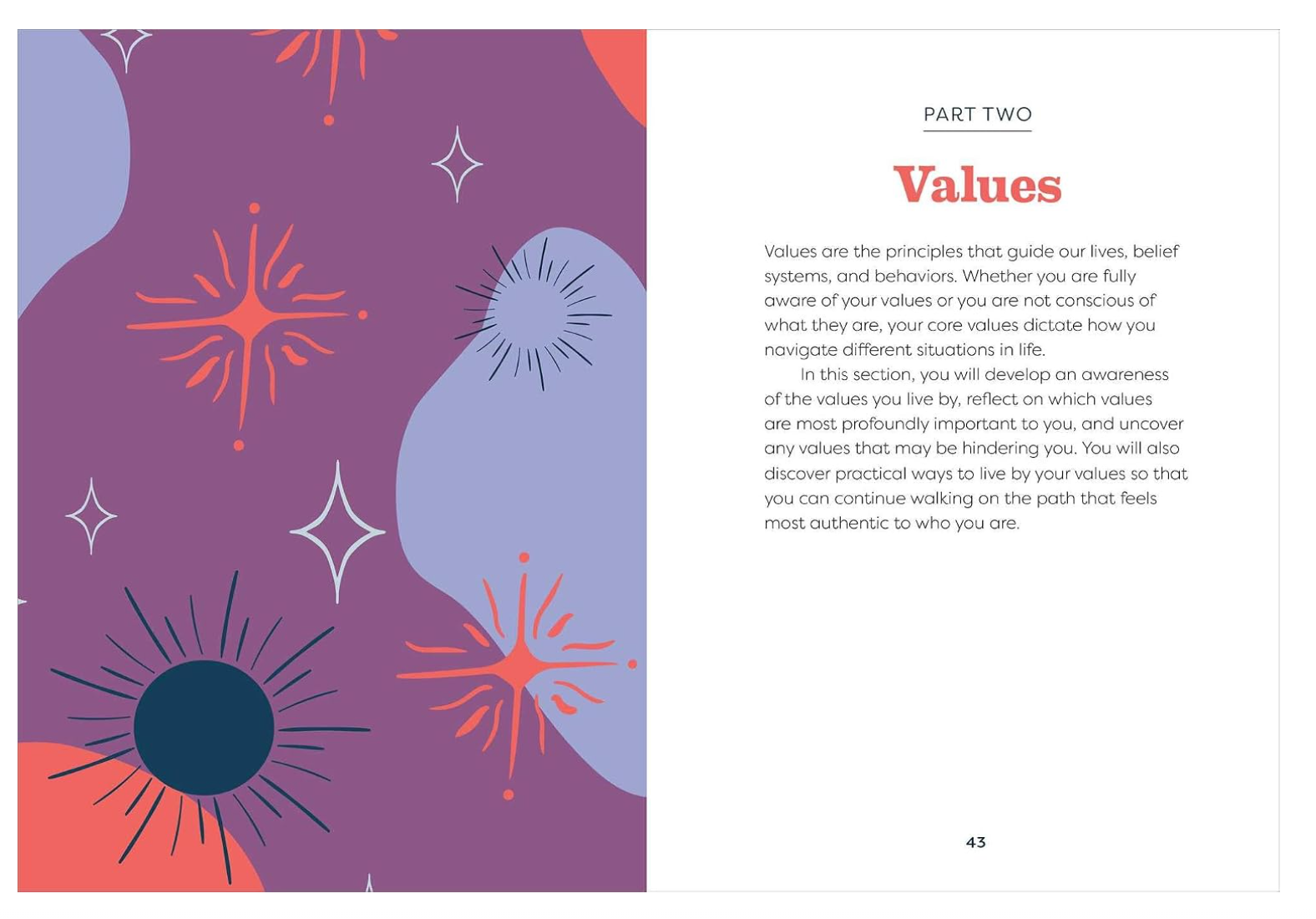 An open book page showing a purple background with orange, black, and white abstract sun and star design graphics on the left. The right side features black text under the header "PART TWO Values" outlining guided reflection exercises.
