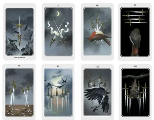 Dark-toned Swords cards showcasing nocturnal animals, birds, and sharp visual lines.