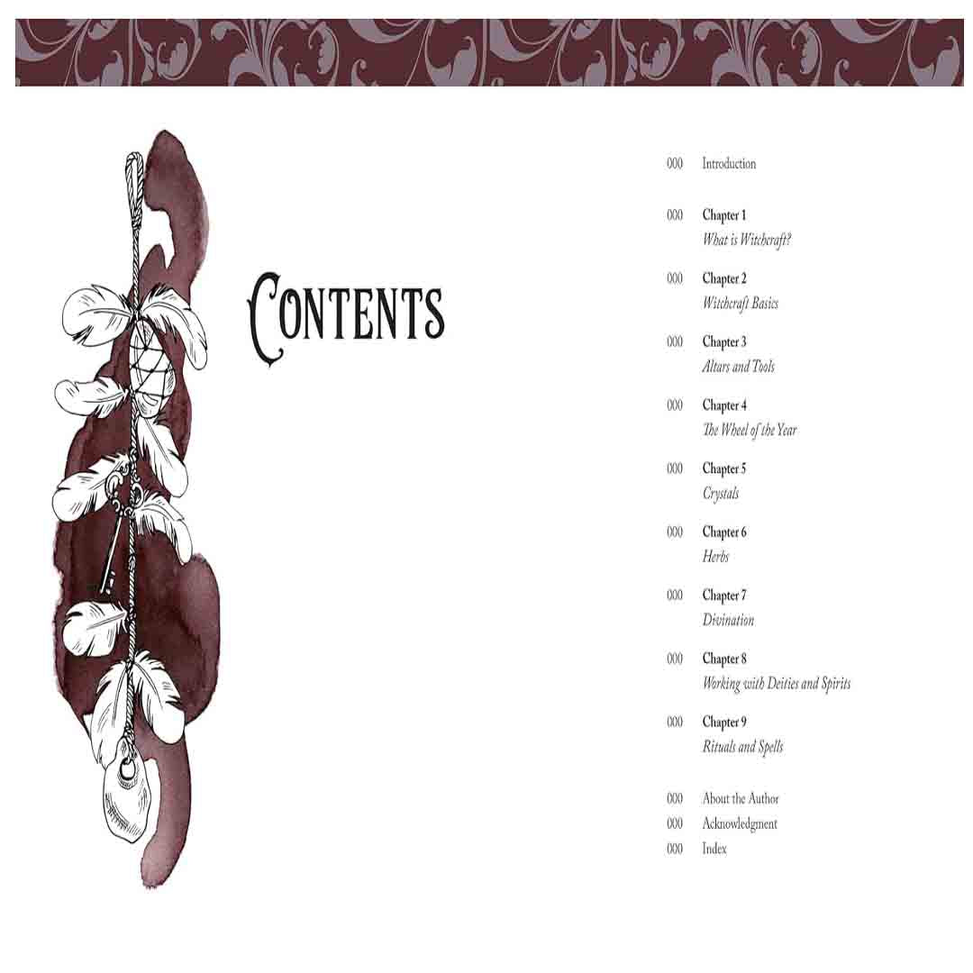 The table of contents page from a book, featuring a stylized header that reads "Contents". On the left side, a large watercolor illustration depicts hanging feathers, beads, and woven cords. On the right side, the chapter list is cleanly formatted in an elegant serif font, including Introduction, Chapter 1: What is Witchcraft?, Chapter 2: Witchcraft Basics, Chapter 3: Altars and Tools, Chapter 4: The Wheel of the Year, Chapter 5: Crystals, Chapter 6: Herbs, Chapter 7: Divination, Chapter 8: Working with Dei
