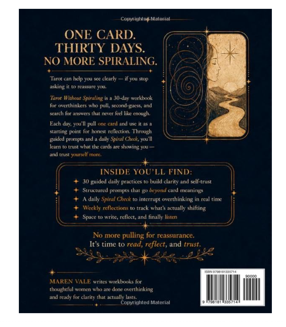 Back cover of Tarot Without Spiraling by Maren Vale detailing the 30-day workbook features and ISBN barcode.
