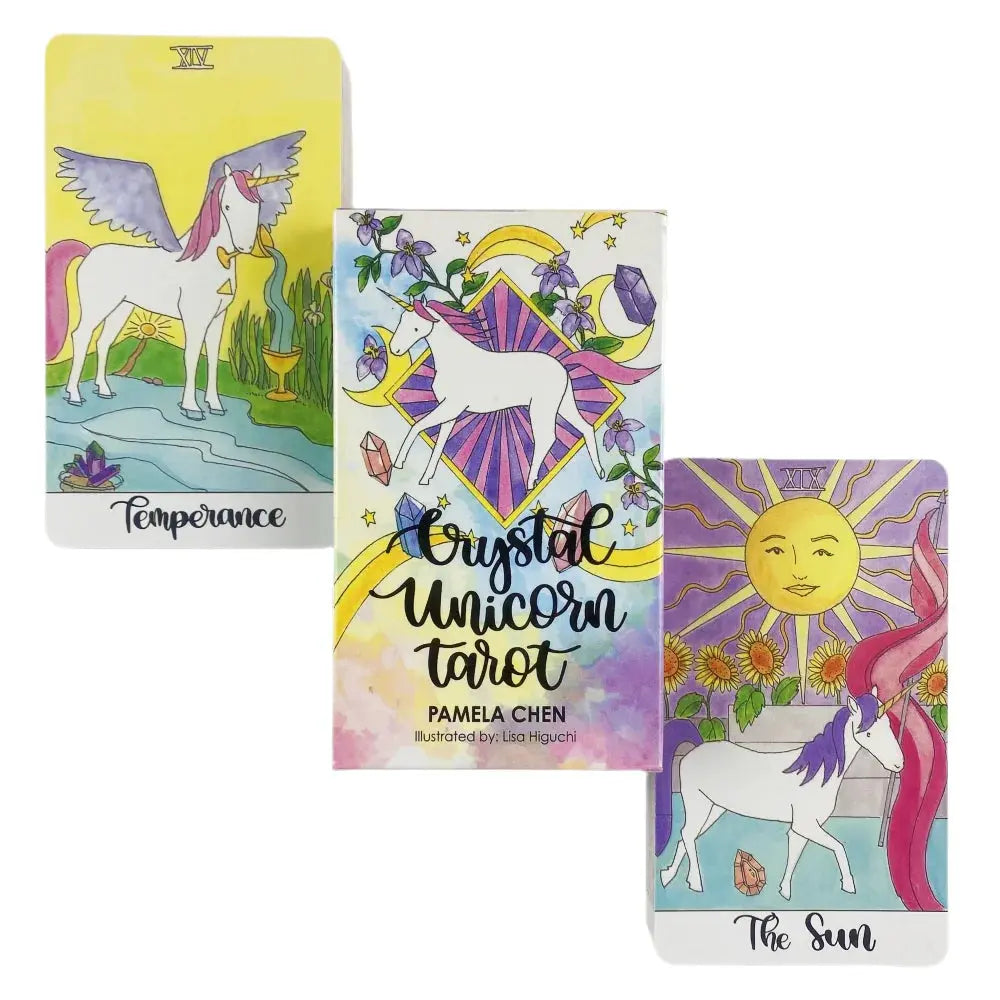 Two card spread of the Crystal Unicorn Tarot displaying Temperance and The Sun flanking the main box cover.