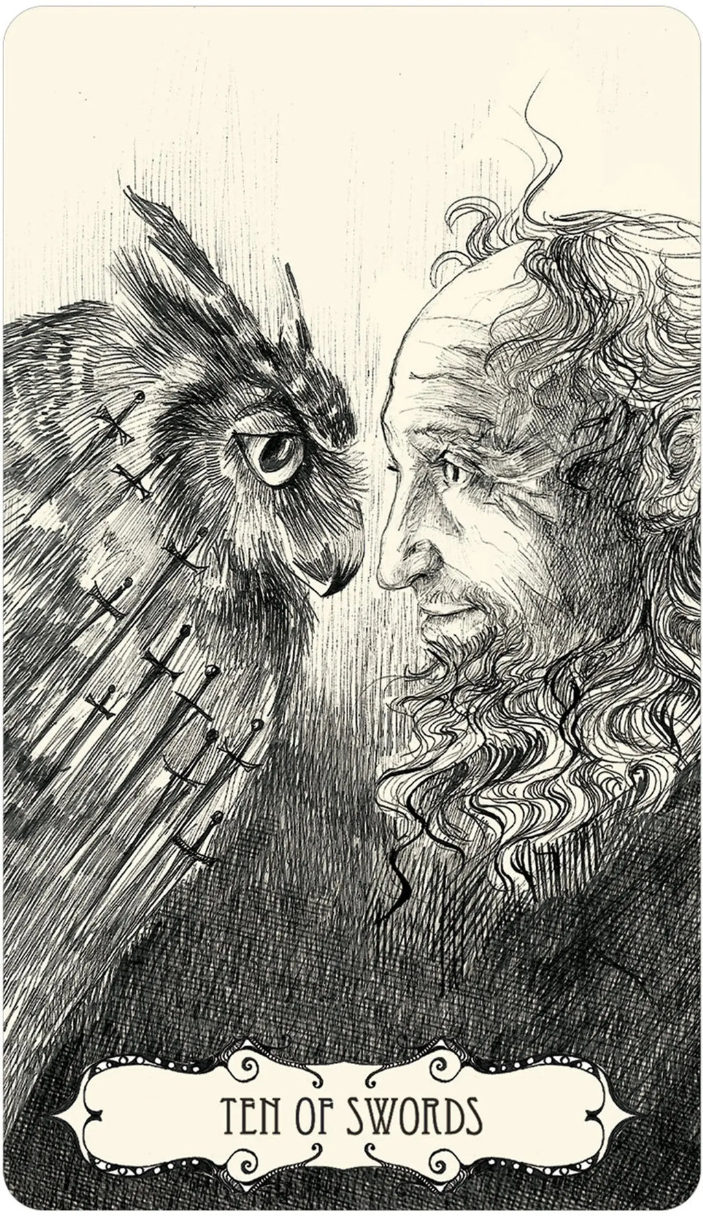 An alternative version of the Ten of Swords card featuring a close-up profile of an owl next to a man.