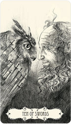 An alternative version of the Ten of Swords card featuring a close-up profile of an owl next to a man.