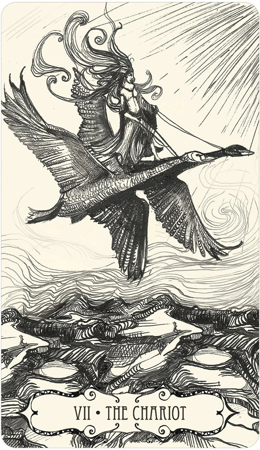 The Chariot card illustrated with a prominent central bird character flying across turbulent ocean waters.
