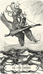 The Chariot card illustrated with a prominent central bird character flying across turbulent ocean waters.