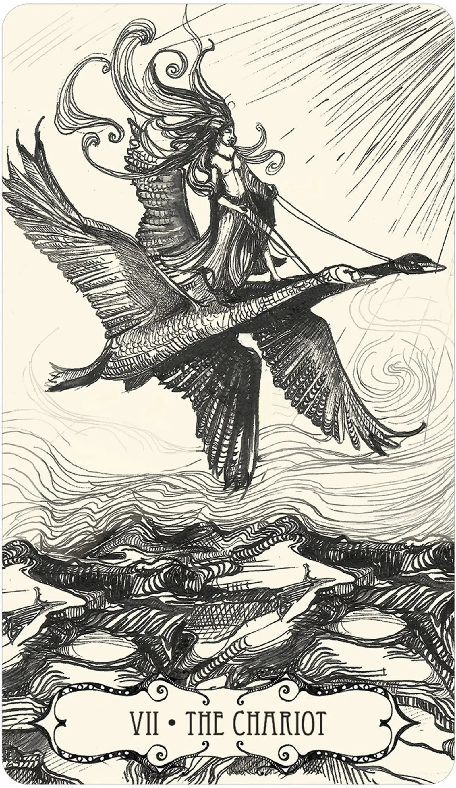 The Chariot card illustrated with a prominent central bird character flying across turbulent ocean waters.