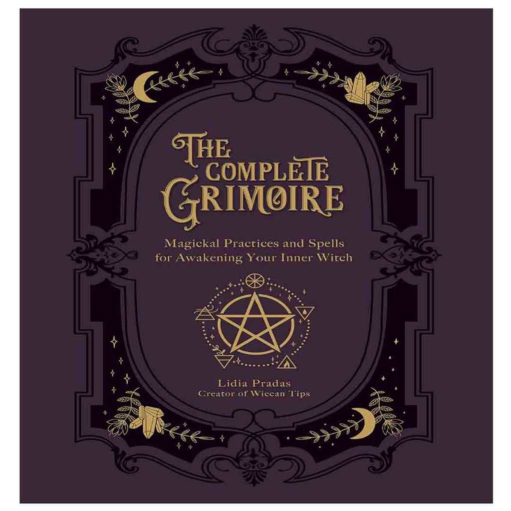 A book front cover featuring an intricate, baroque-style dark purple and black decorative border frame on a solid plum background. The book title, "The COMPLETE GRIMOIRE", is displayed prominently in the upper center in an elegant, stylized gold serif font. Below the title, the subtitle "Magickal Practices and Spells for Awakening Your Inner Witch" is written in a simpler gold typeface. The lower center feature is a large gold pentagram emblem enclosed in a dotted circle with surrounding alchemical symbols.