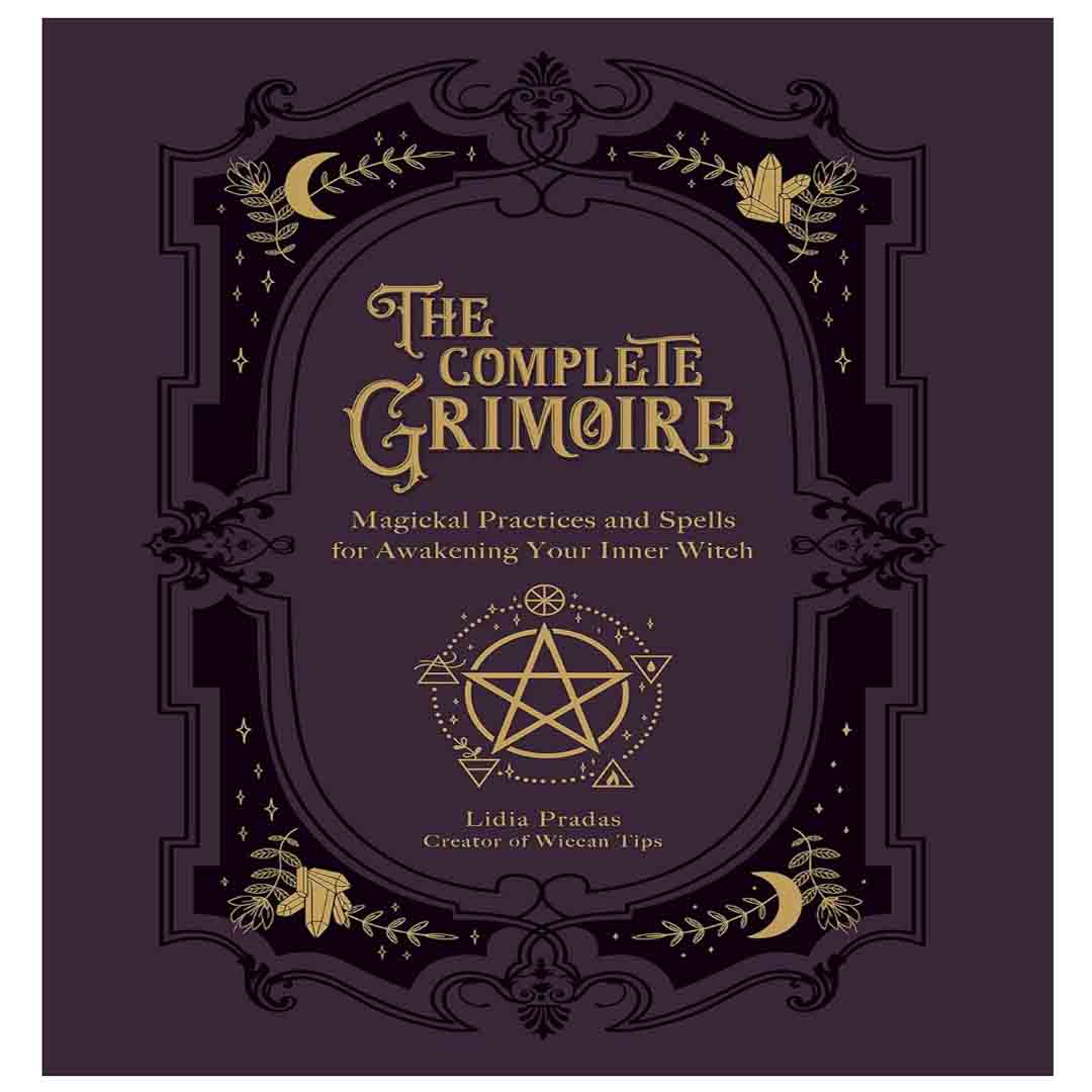 A book front cover featuring an intricate, baroque-style dark purple and black decorative border frame on a solid plum background. The book title, "The COMPLETE GRIMOIRE", is displayed prominently in the upper center in an elegant, stylized gold serif font. Below the title, the subtitle "Magickal Practices and Spells for Awakening Your Inner Witch" is written in a simpler gold typeface. The lower center feature is a large gold pentagram emblem enclosed in a dotted circle with surrounding alchemical symbols.