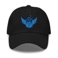 Anakha H Nyx Store black dad hat featuring a glowing blue embroidered logo of a winged science flask containing a brain with stars above it.