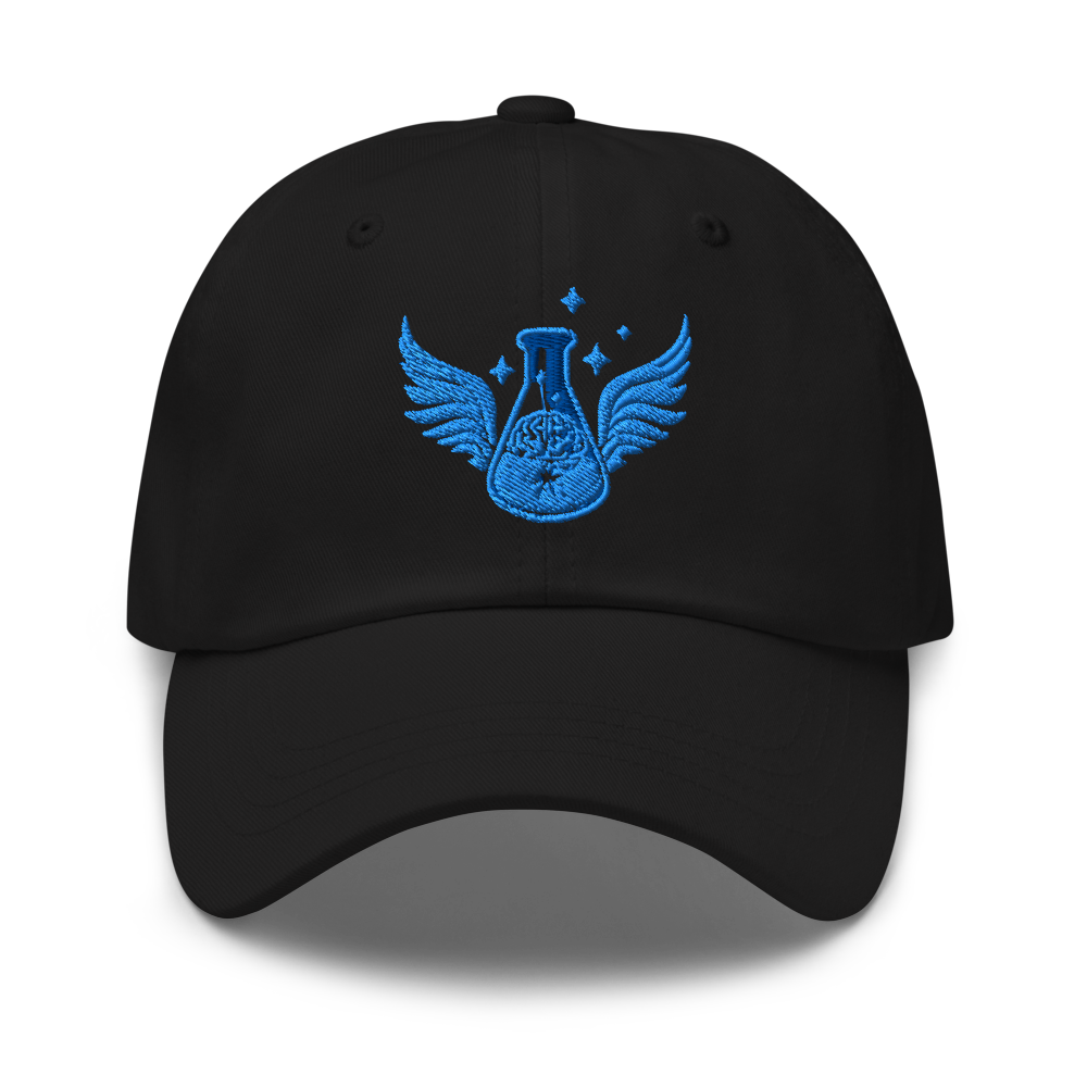 Anakha H Nyx Store black dad hat featuring a glowing blue embroidered logo of a winged science flask containing a brain with stars above it.