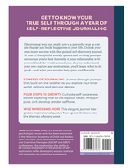 The back cover of a workbook featuring white text detailing a year of self-reflective journaling on a purple background. It lists features like 52 weeks of journaling and four steps to groThe back cover of a workbook featuring white text detailing a year of self-reflective journaling on a purple background. It lists features like 52 weeks of journaling and four steps to growth, complete with an author bio for Dr. Yana Lechtman and a visible retail barcode index.