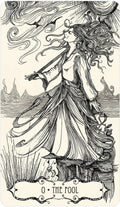 Monochrome pen and ink Tarot of the Abyss Fool card depicting a woman walking forward amidst flying birds.