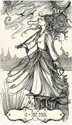 Monochrome pen and ink Tarot of the Abyss Fool card depicting a woman walking forward amidst flying birds.