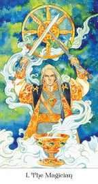 Vibrant watercolor Tarot of the Golden Wheel Magician card holding a sword under a large celestial wheel.