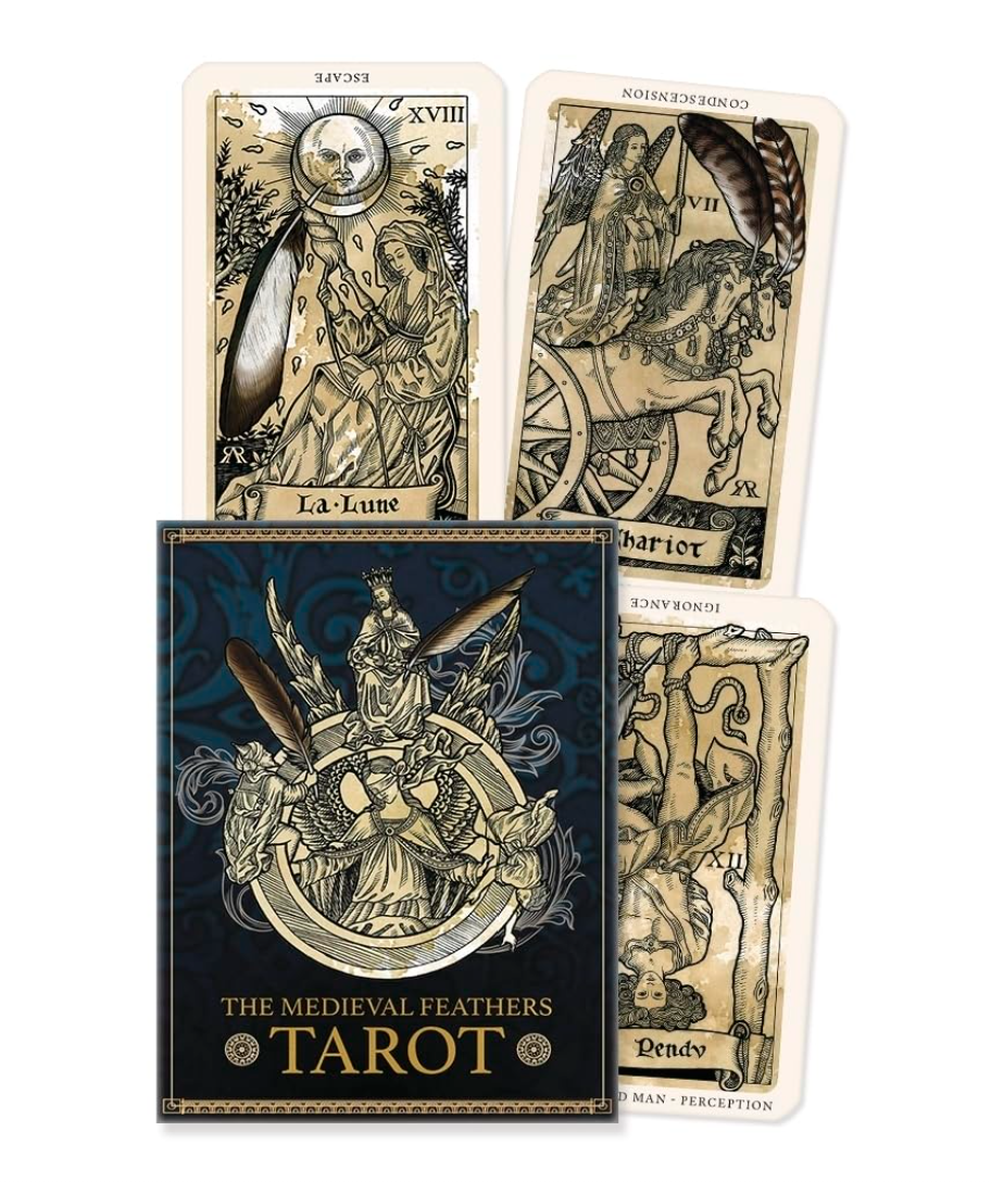 display box of the medieval feathers tarot deck with box and 3 card spread