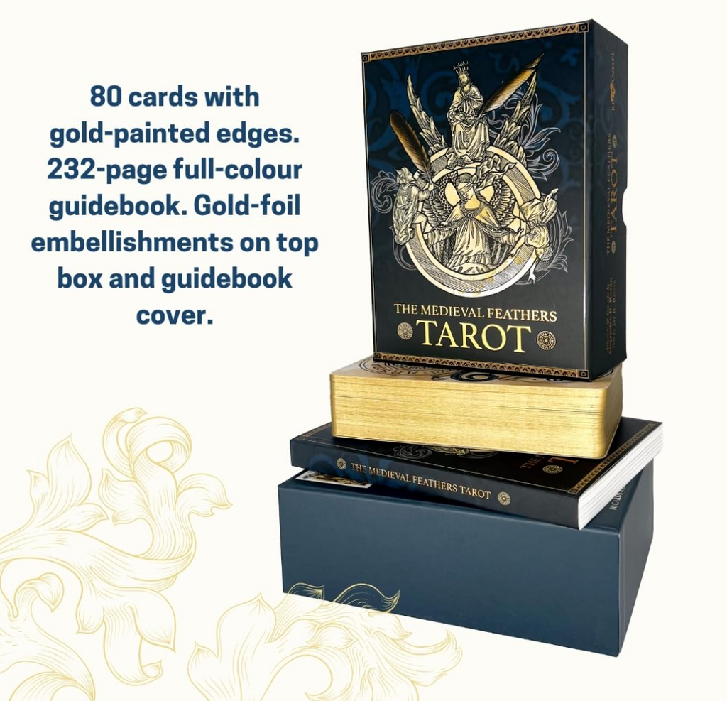 The Medieval Feathers Tarot infographic showing 80 cards and guidebook