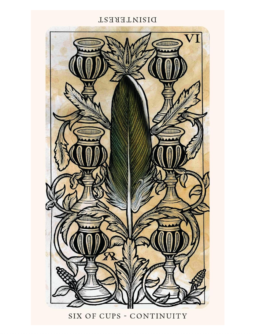 The Medieval Feathers Tarot the six of cups card with feather sounded by six chalices 