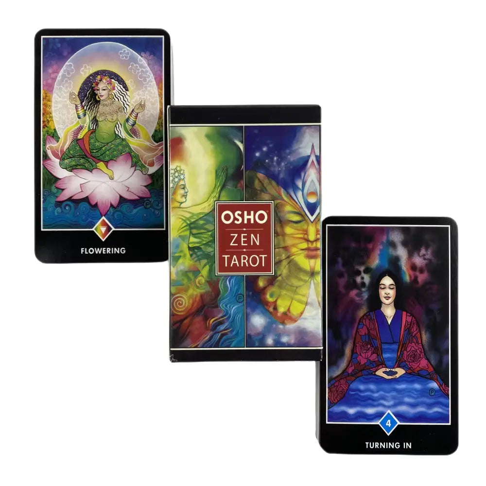 Three vertical Osho Zen cards showing vibrant rainbow watercolor backgrounds and deep black borders.