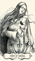 A unique narrative rendition of the Three of Swords showing a somber woman holding a bird in her hands.
