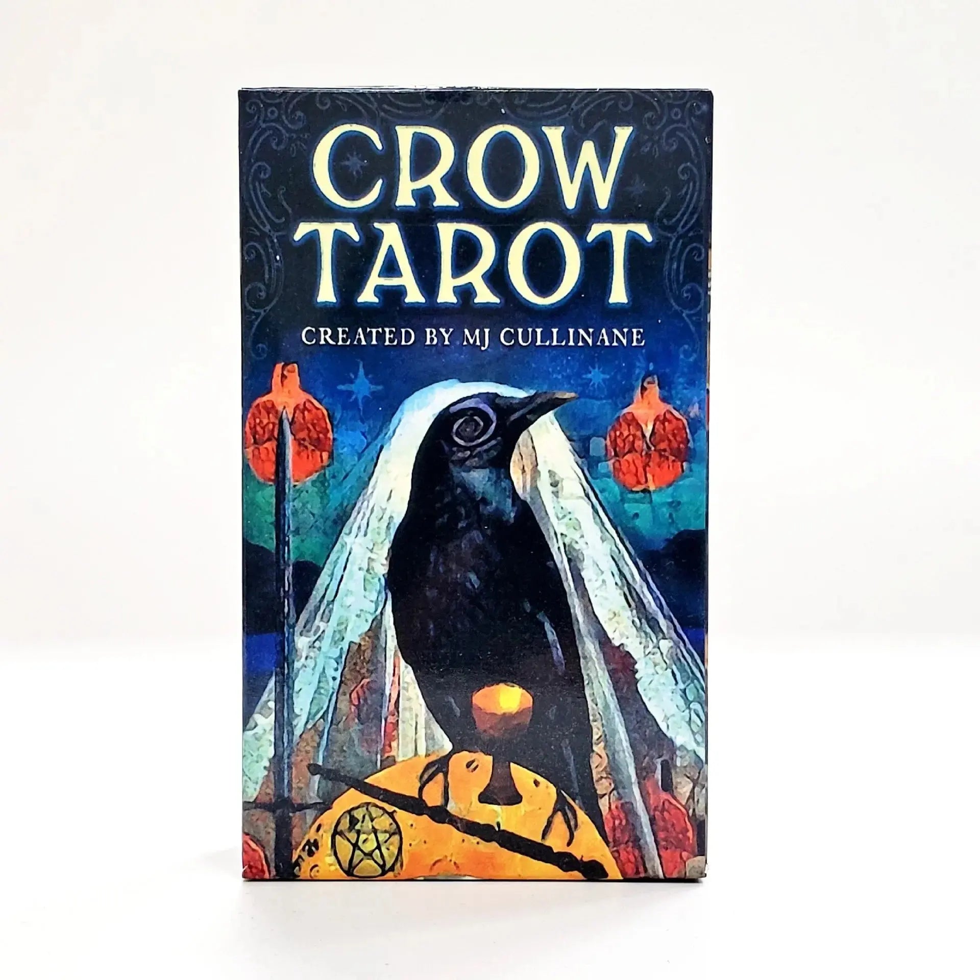 Front view of the vertical Crow Tarot box featuring a central illustration of a black crow perched on a skull.